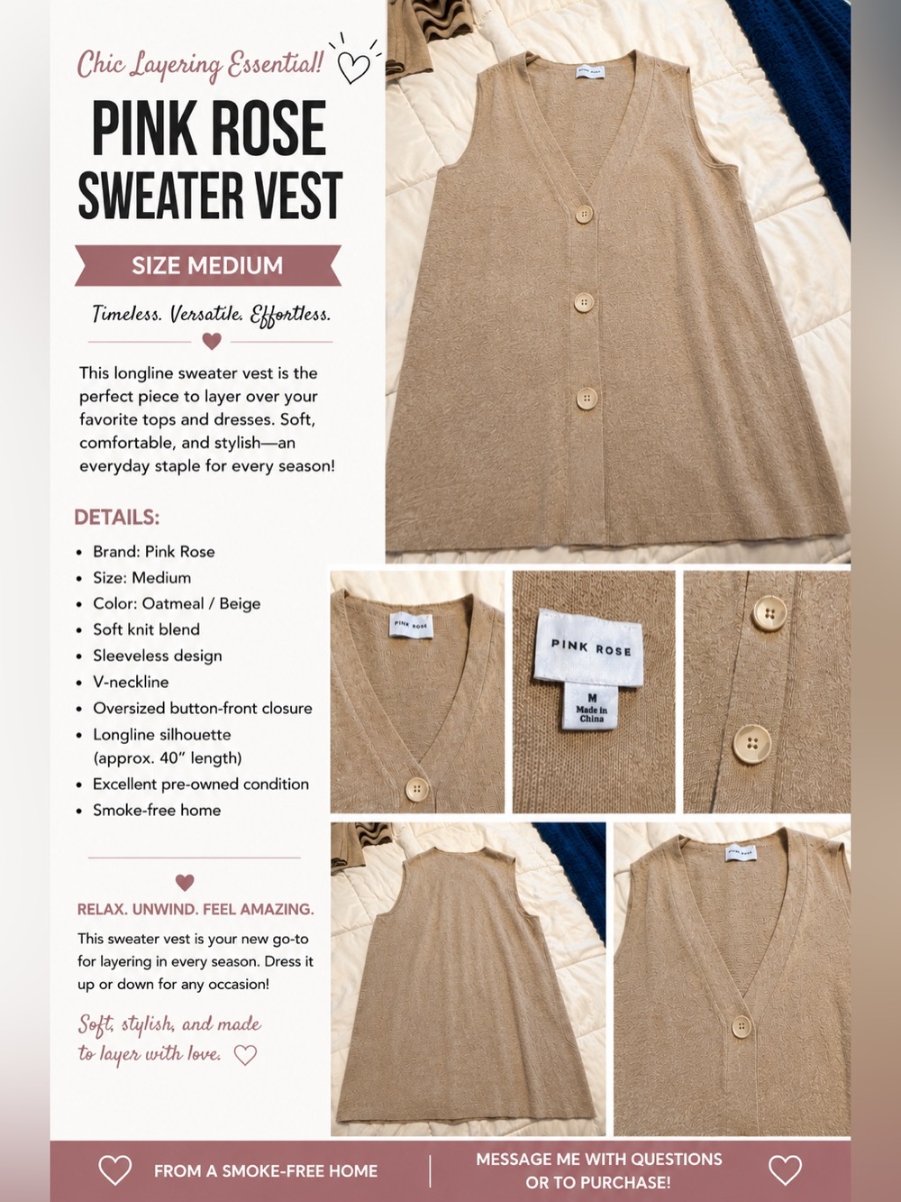 Pink Rose Oatmeal Beige V-Neck Sweater Vest